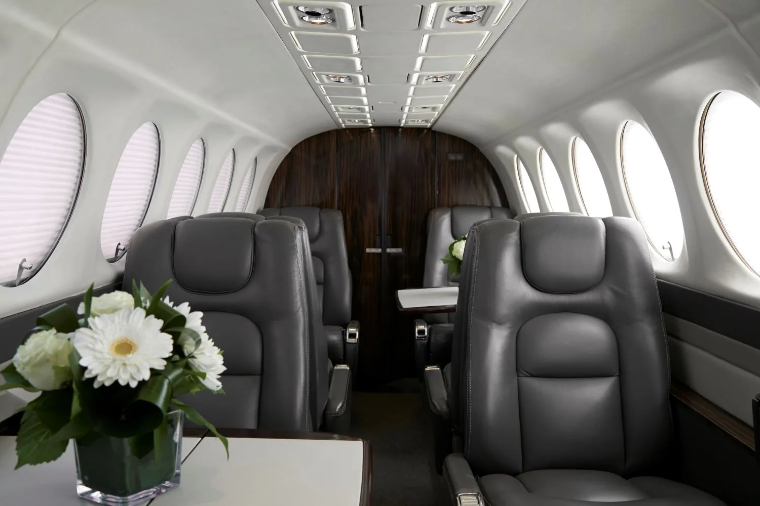 Cabin interior of a 2002 Beechcraft King Air 350.