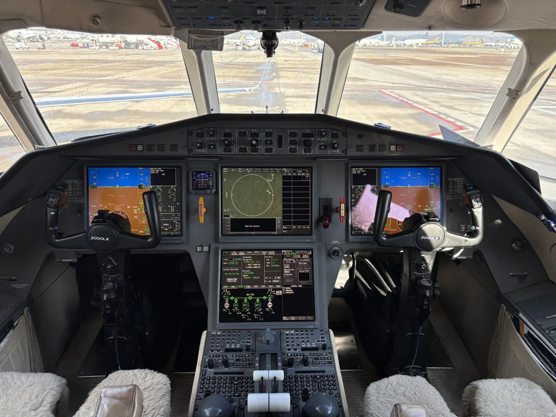 Cockpit and instrument panel of a 2011 Dassault Falcon 2000LX.