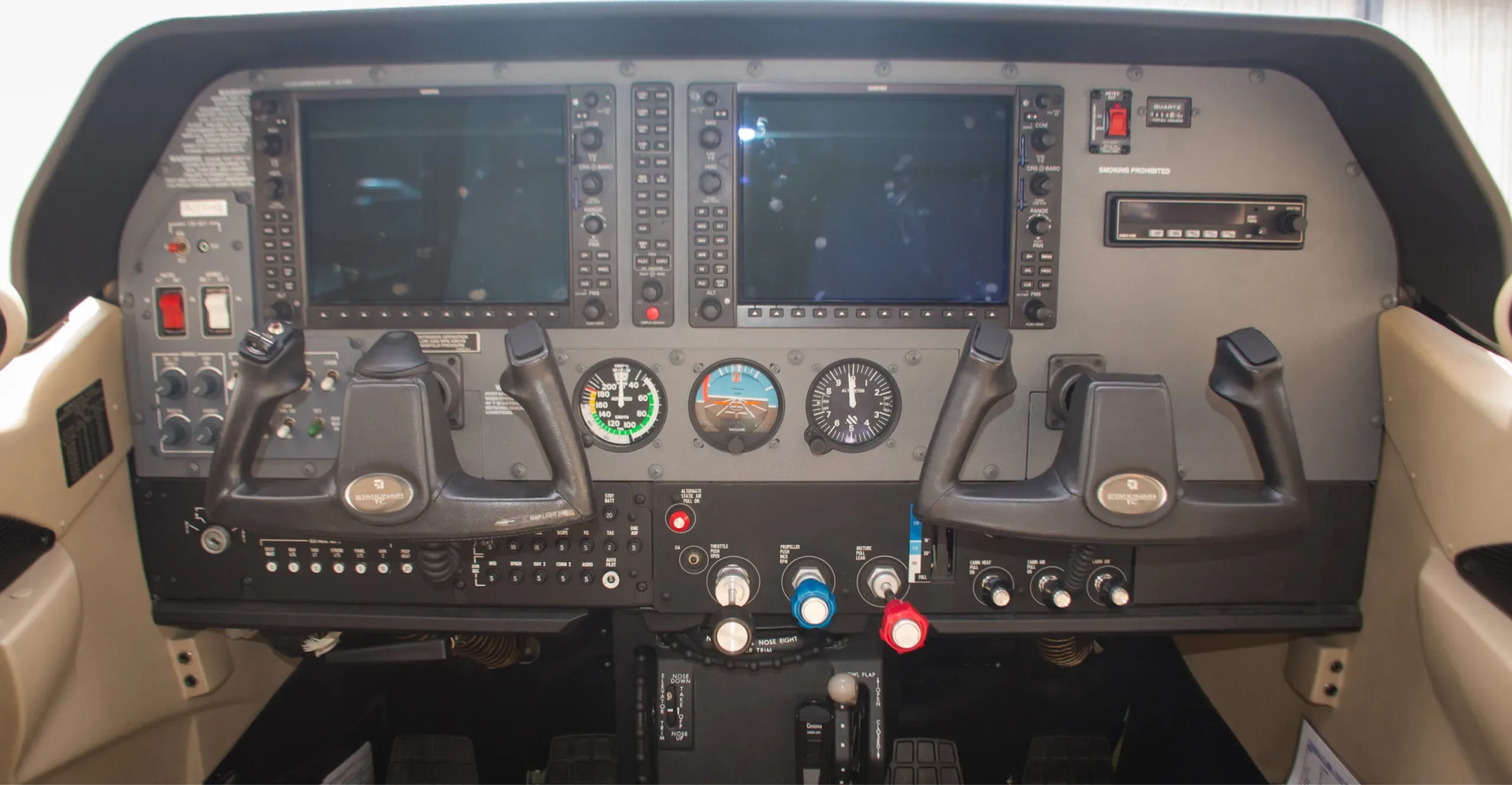 Cockpit and instrument panel of a 2011 Cessna T206H.
