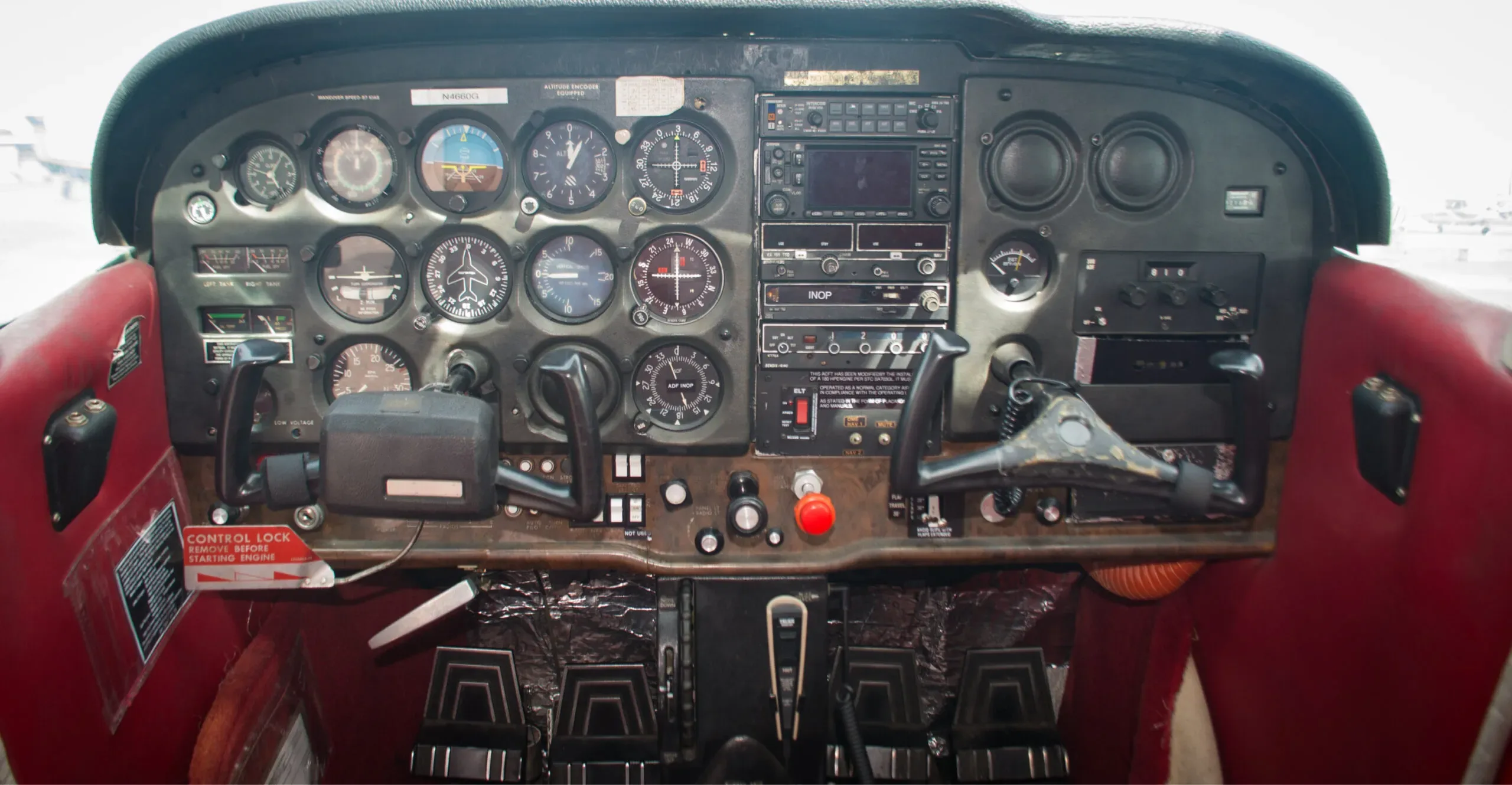 Cockpit and instrument panel of a 1980 Cessna Skyhawk 172N.