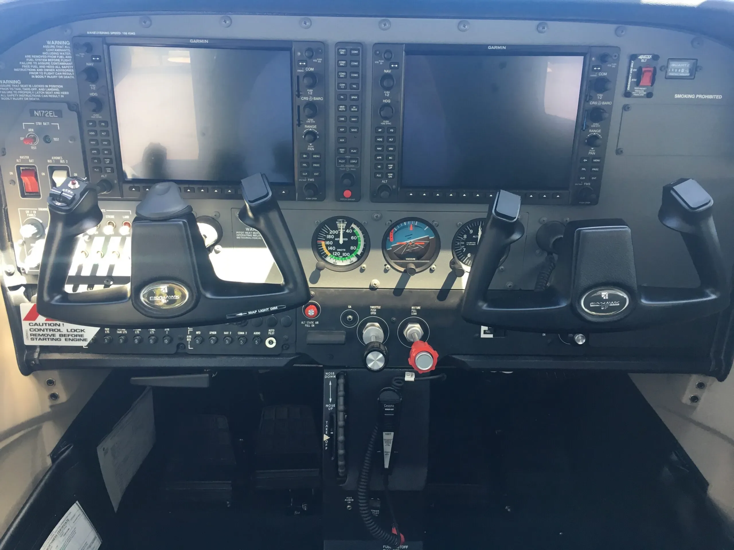 Cockpit and instrument panel of a 2018 Cessna Skyhawk 172S.