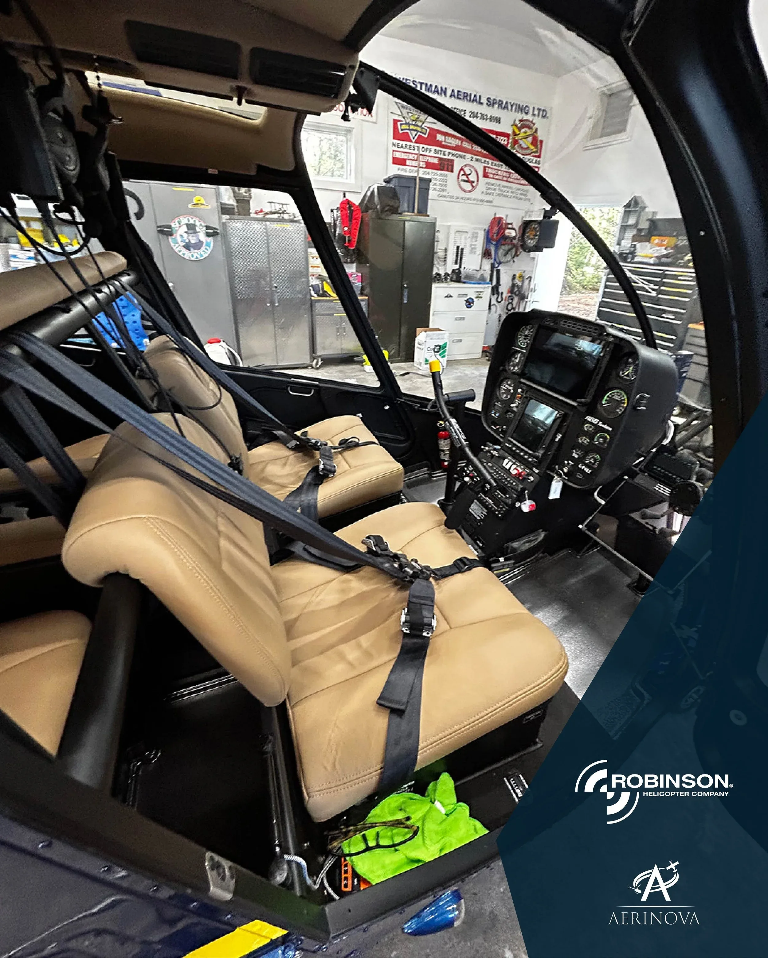 Cockpit and instrument panel of a 2026 Robinson R66.
