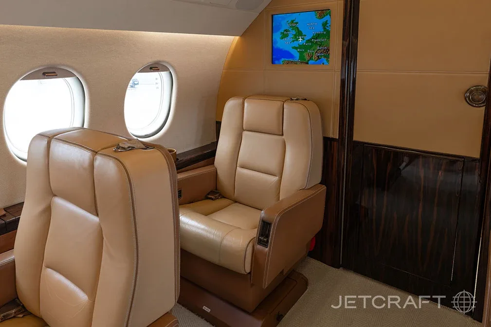 Cabin interior of a 2000 Dassault Falcon 2000.