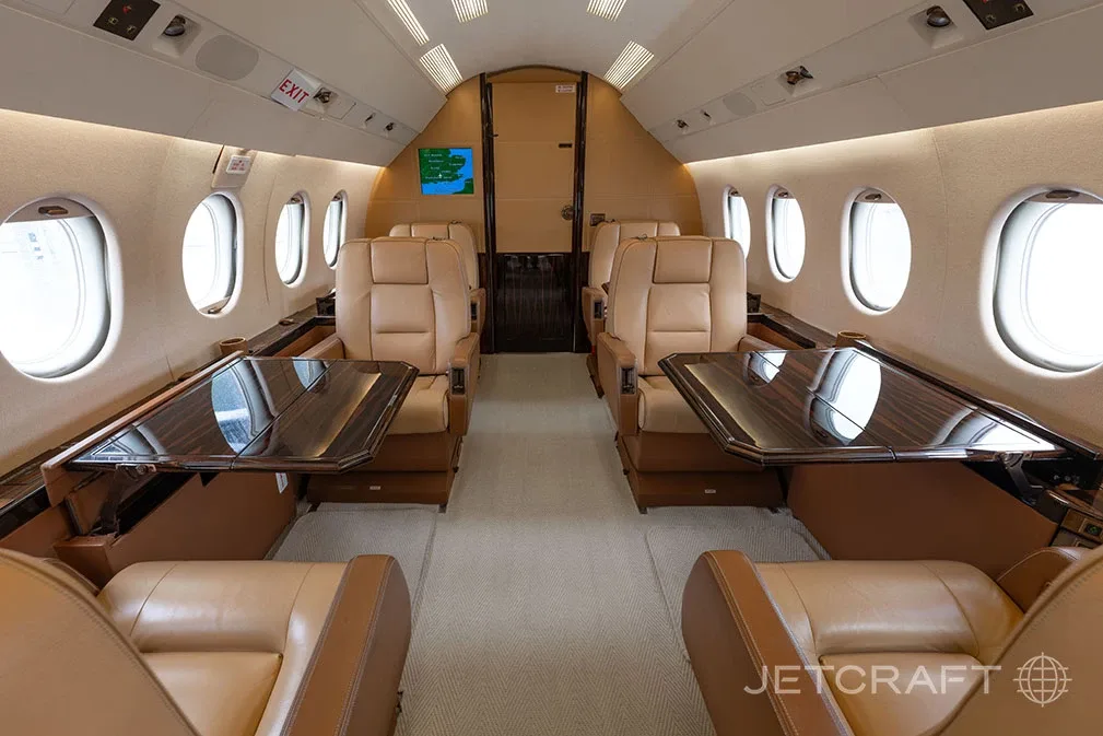 Cabin interior of a 2000 Dassault Falcon 2000.