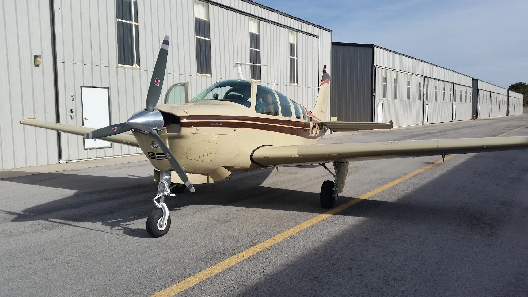 Exterior view of a Beech Piston A36, N361DM.
