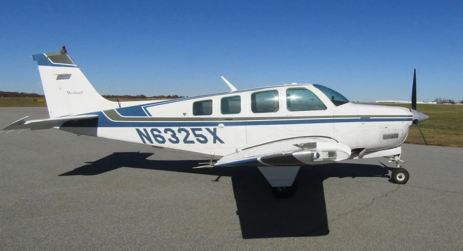 Exterior view of a Beech Piston A36, N361DM.
