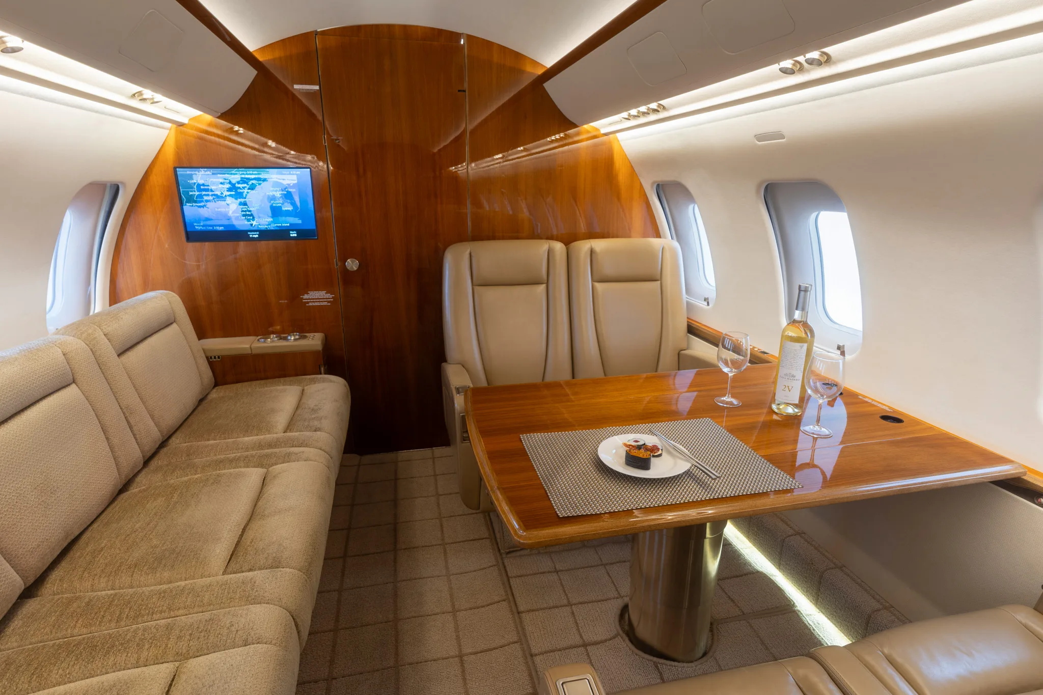 Cabin interior of a 2013 Bombardier challenger 605.