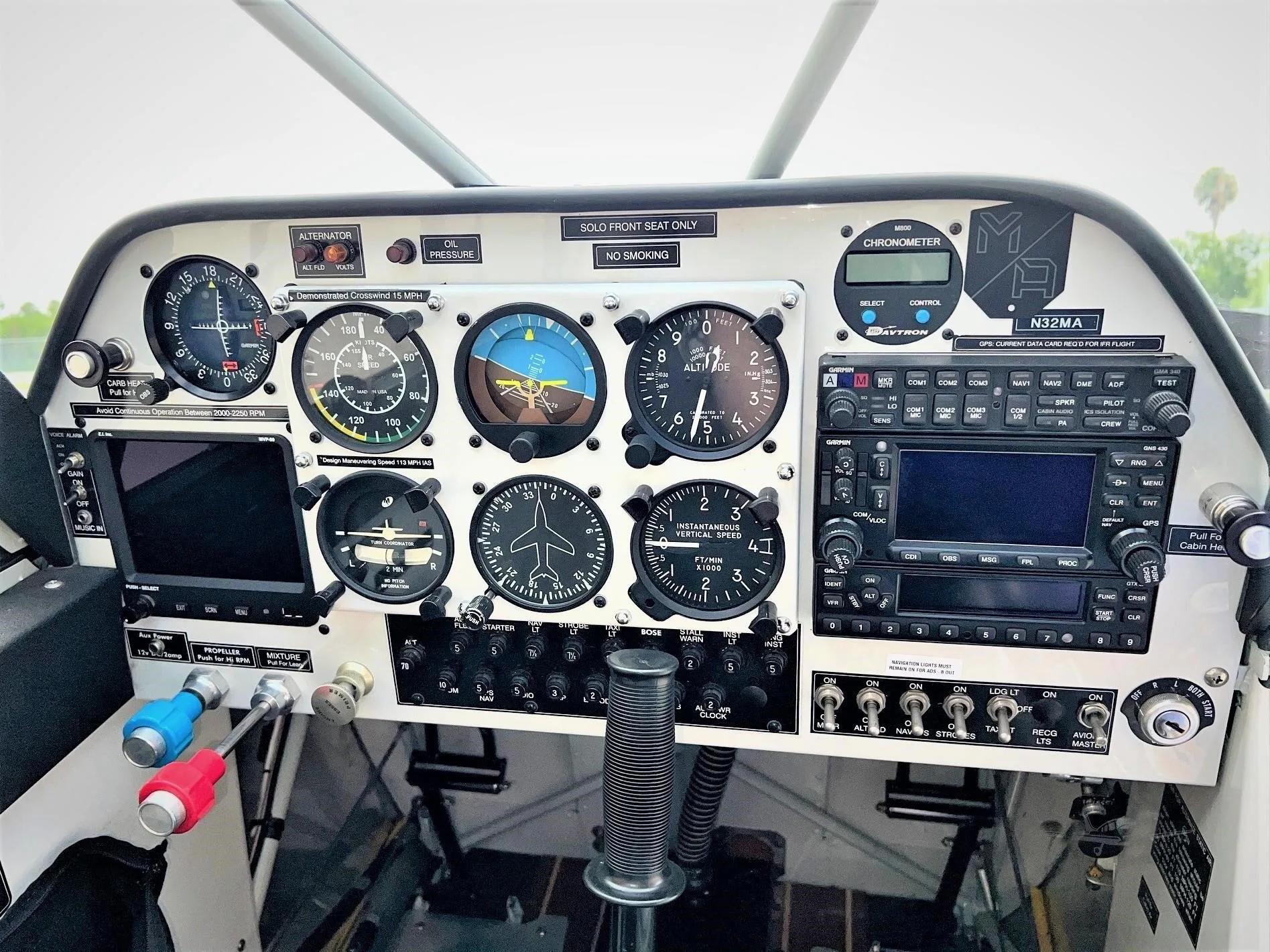 Cockpit and instrument panel of a 2013 Aviat A-1C-180 Husky.