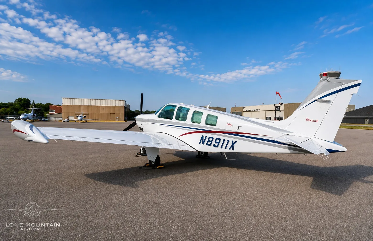 Exterior view of a 1998 Beechcraft A36 Bonanza.