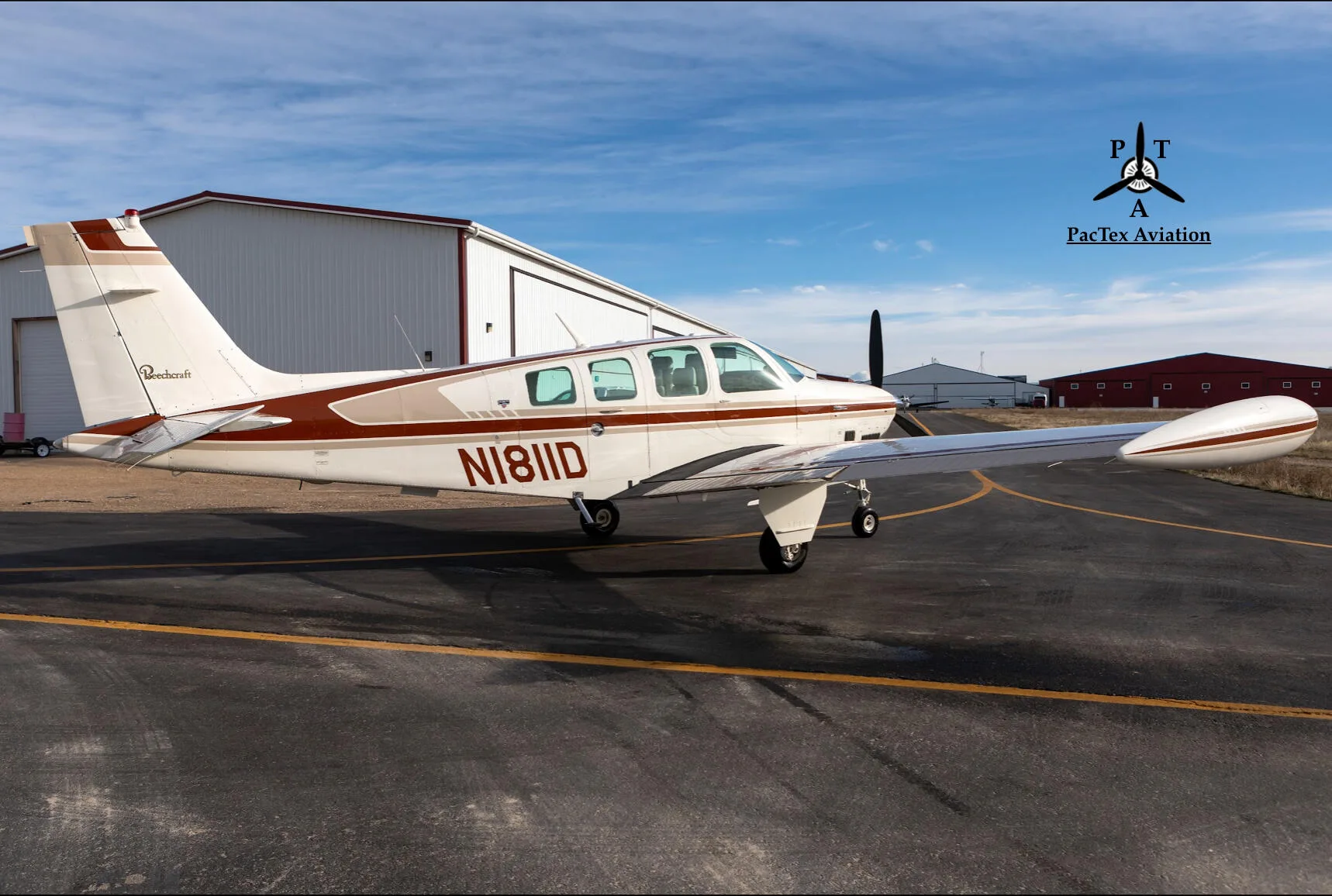 Exterior view of a 1981 Beechcraft A36TC Bonanza.