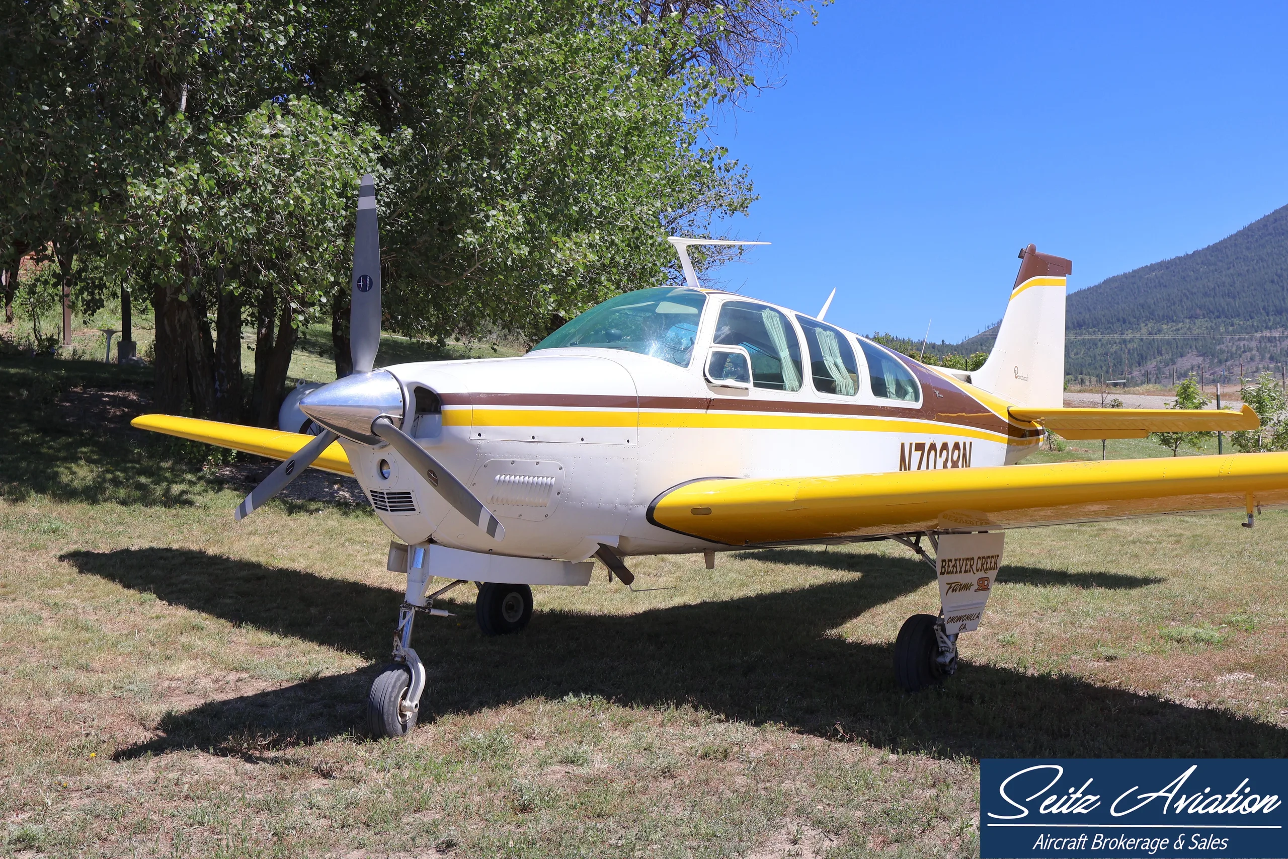 Exterior view of a 1969 Beechcraft E33 Bonanza.
