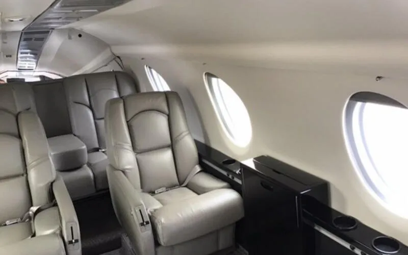 Cabin interior of a 1981 Dassault Falcon 100.
