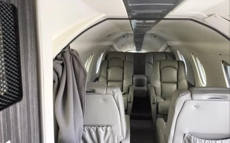 Cabin interior of a 1981 Dassault Falcon 100.
