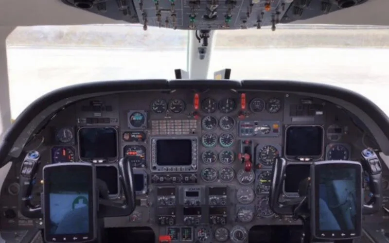 Cockpit and instrument panel of a 1981 Dassault Falcon 100.