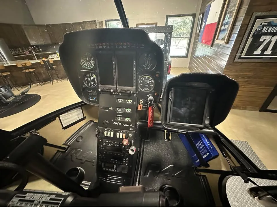 Cockpit and instrument panel of a 2015 Robinson R44 Raven II.