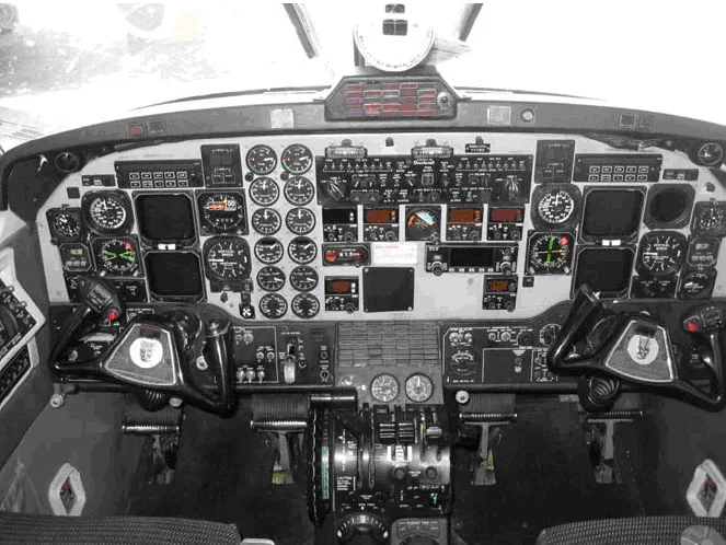 Cockpit and instrument panel of a 1998 Beechcraft 1900D.