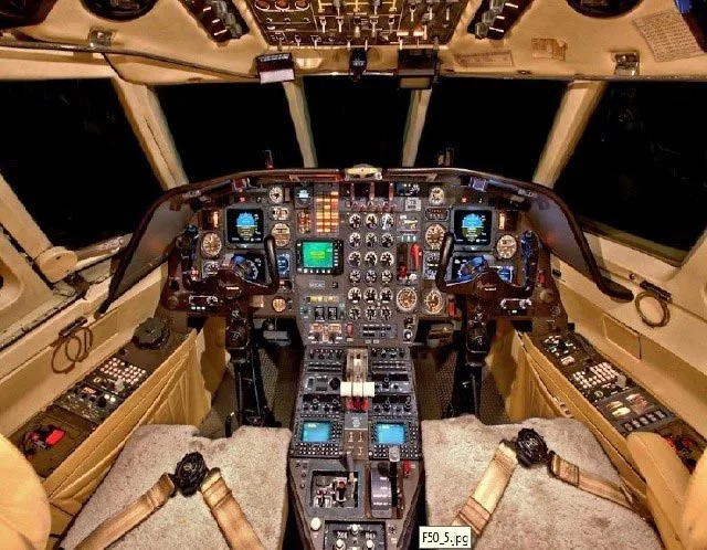 Cockpit and instrument panel of a 1985 Dassault Falcon 50.