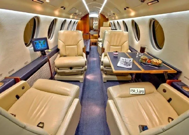 Cabin interior of a 1985 Dassault Falcon 50.