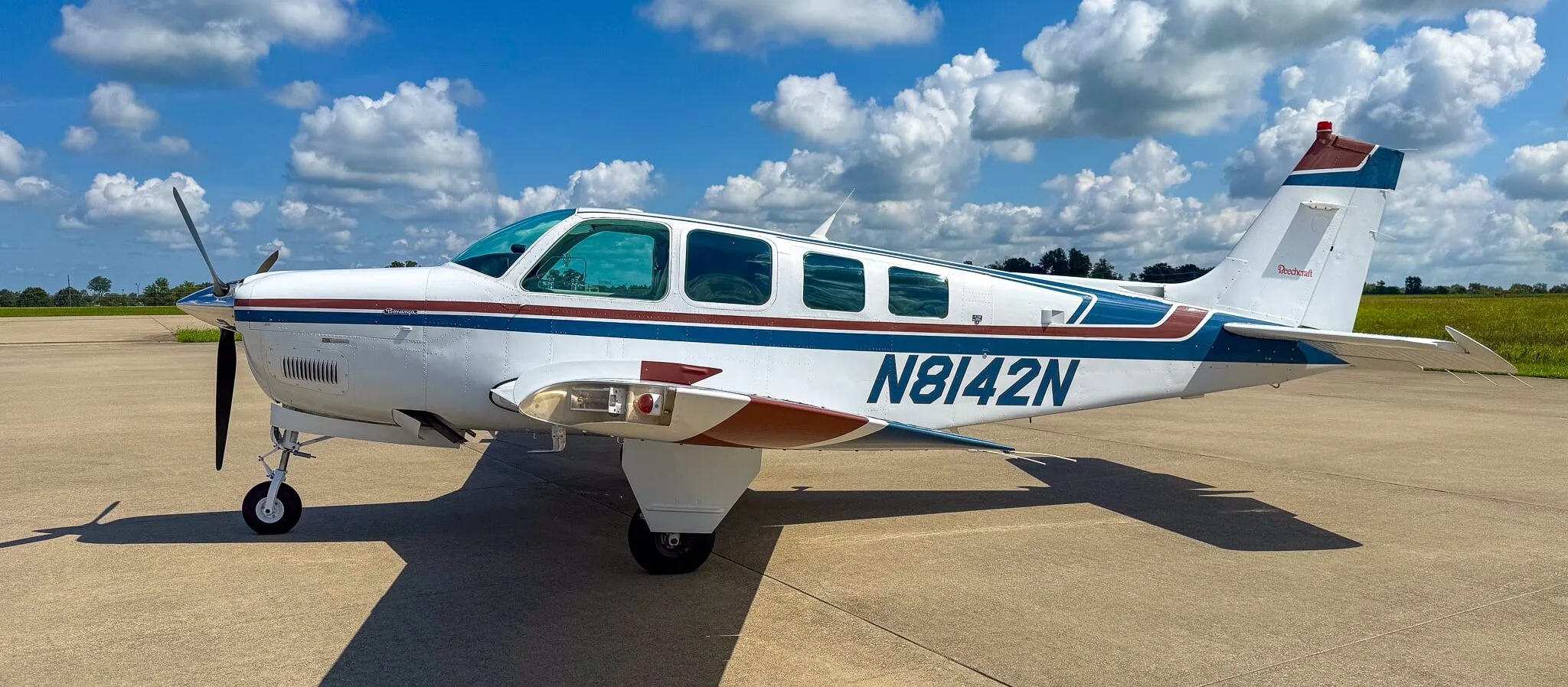 Exterior view of a 1974 Beechcraft B55 Baron, N1159T.