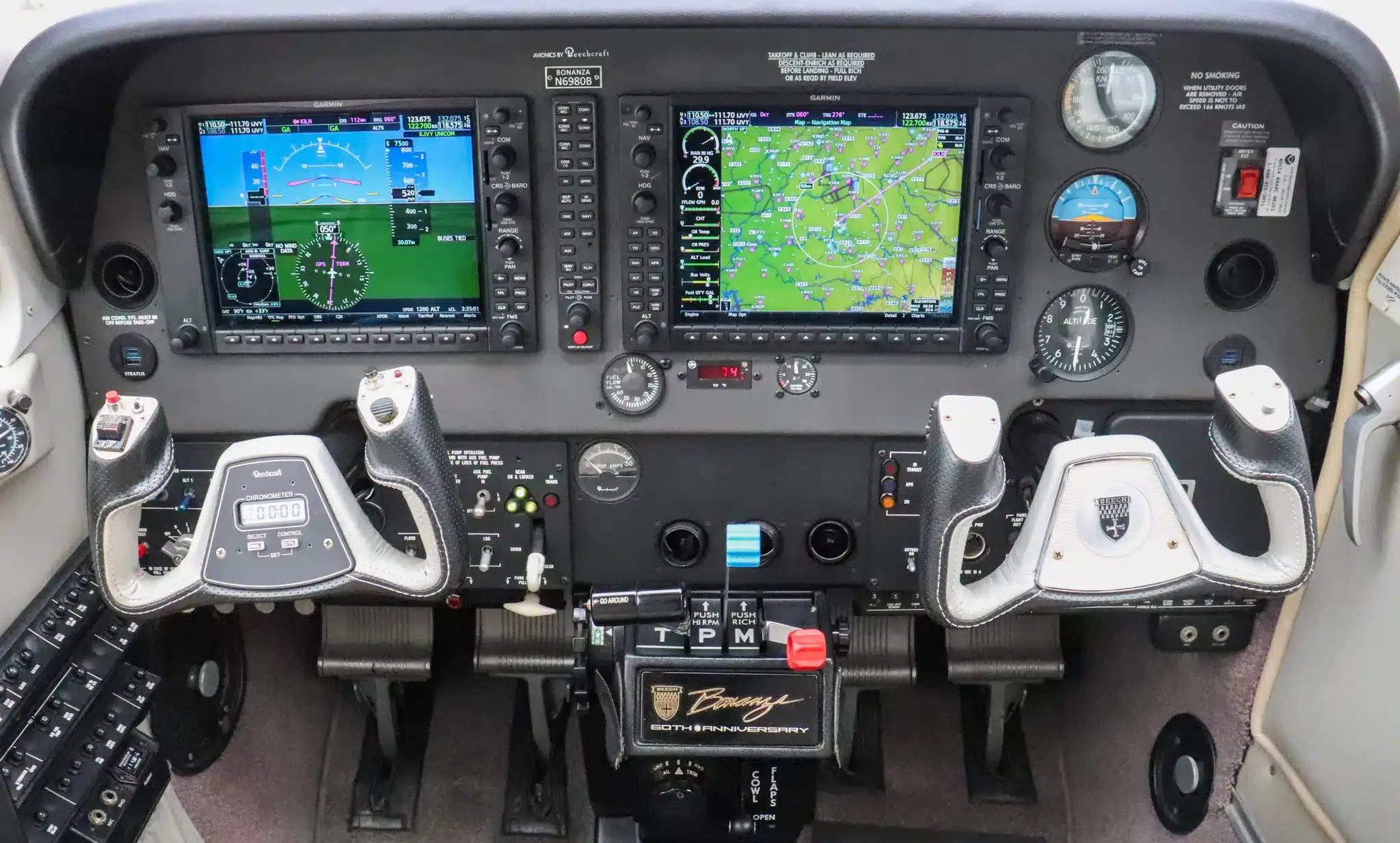 Cockpit and instrument panel of a 2007 Beechcraft G36 TN Bonanza.