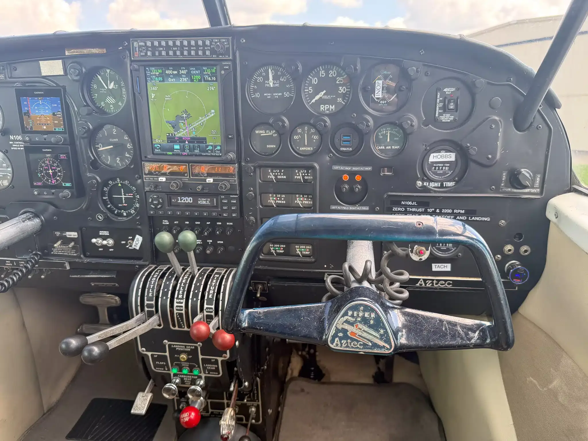 Cockpit and instrument panel of a 1963 Piper Aztec.