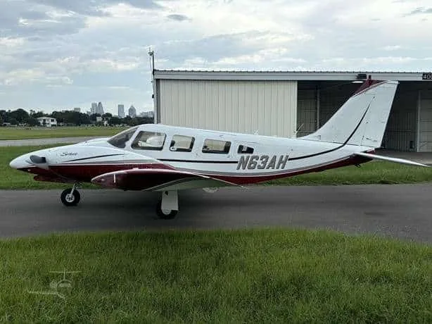Exterior view of a 1978 Piper Seneca II, N63AH.