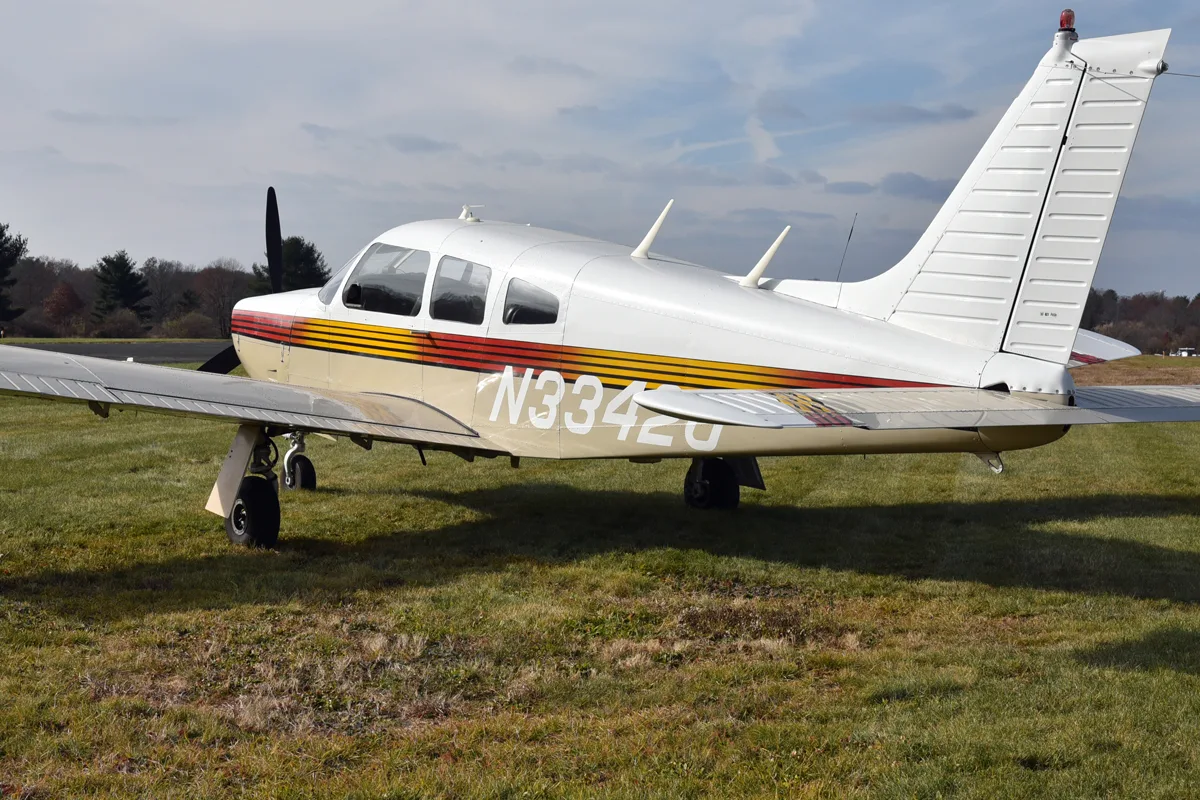 Exterior view of a 1975 Piper PA-28R-200 Arrow II, N33420.