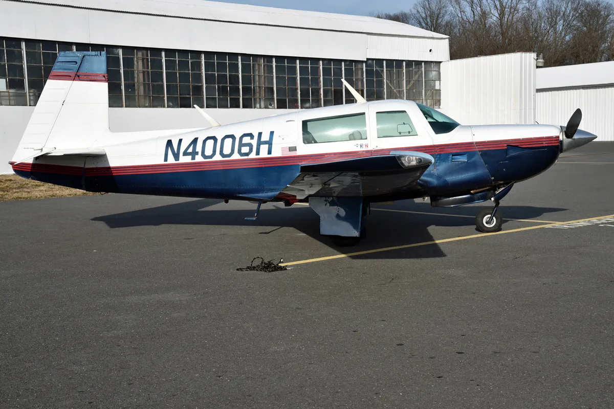 Exterior view of a 1980 Mooney M20K, N4006H.