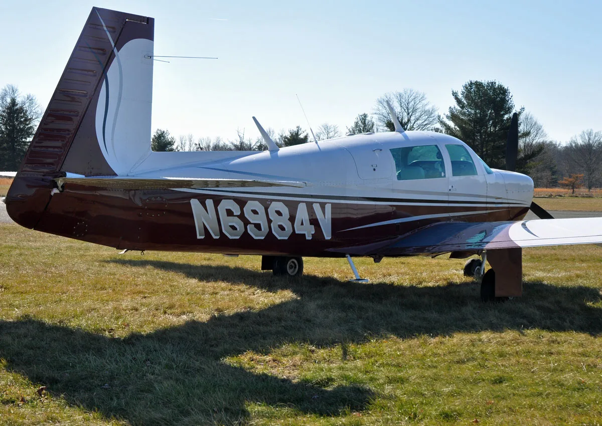 Exterior view of a 1976 Mooney M20F Executive, N6984V.