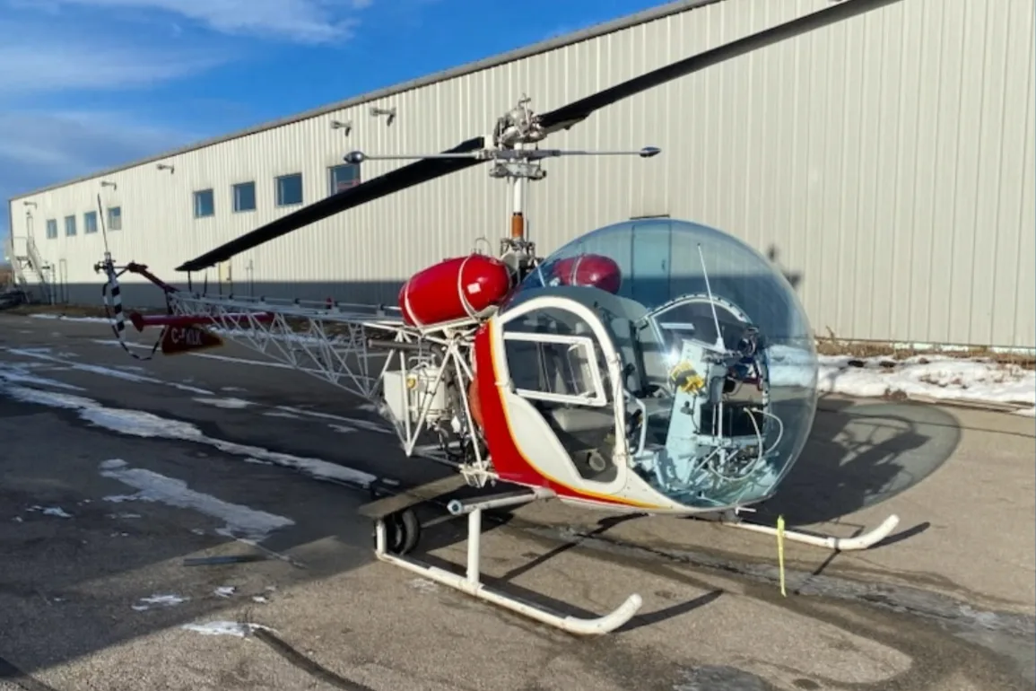 Exterior view of a 1958 Helicopter 47G-2, C-FKLK.