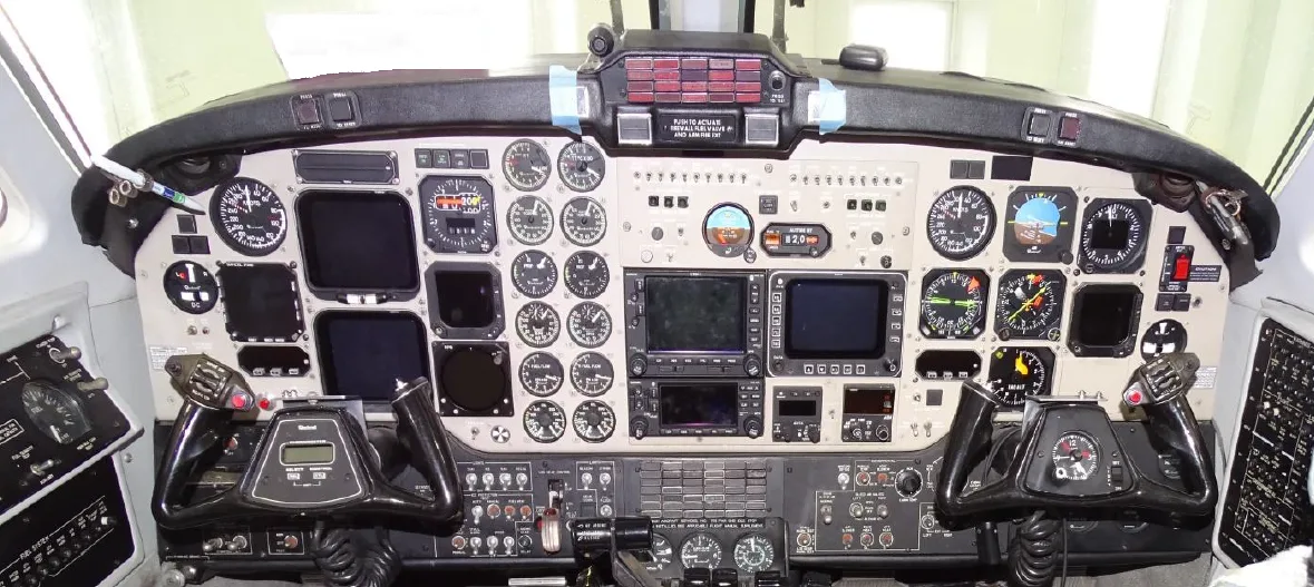 Cockpit and instrument panel of a 1985 Beechcraft King Air 300 panel.