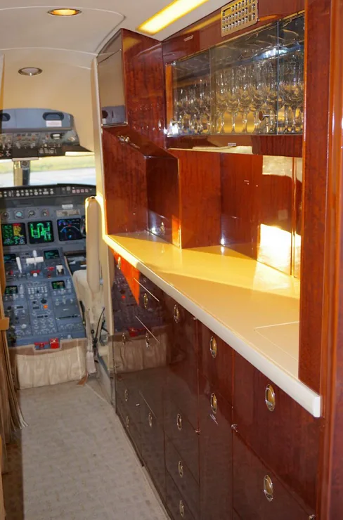 Cockpit and instrument panel of a 1996 Bombardier Challenger 604 galley.