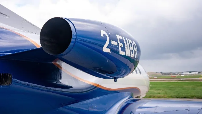 Engine detail of a 2019 Embraer Phenom 300.