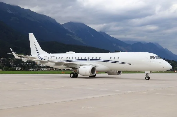 Exterior view of a 2018 Embraer Lineage 1000, D-AWOW.