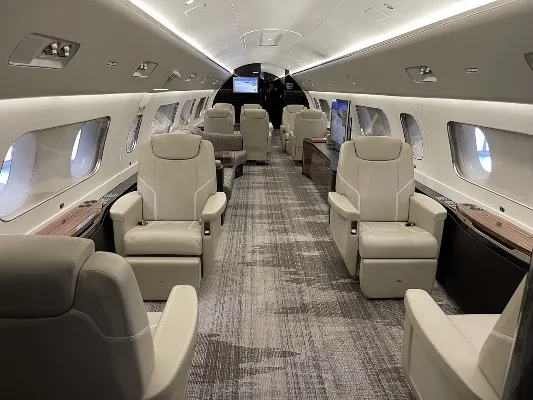 Cabin interior of a 2018 Embraer Lineage 1000.