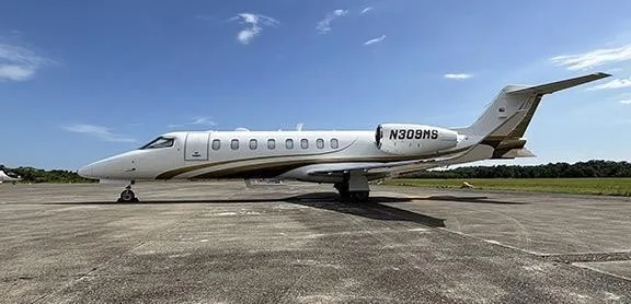 Exterior view of a 2020 Learjet 75, N309MS.