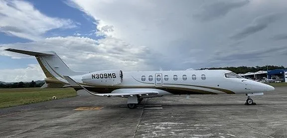 Exterior view of a 2020 Learjet 75, N309MS.