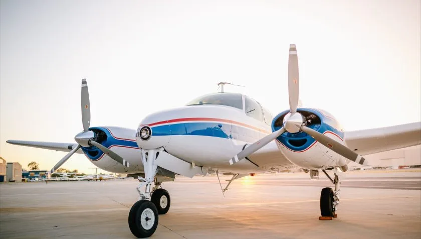 Exterior view of a 1951 Beechcraft Twin Bonanza, N369.