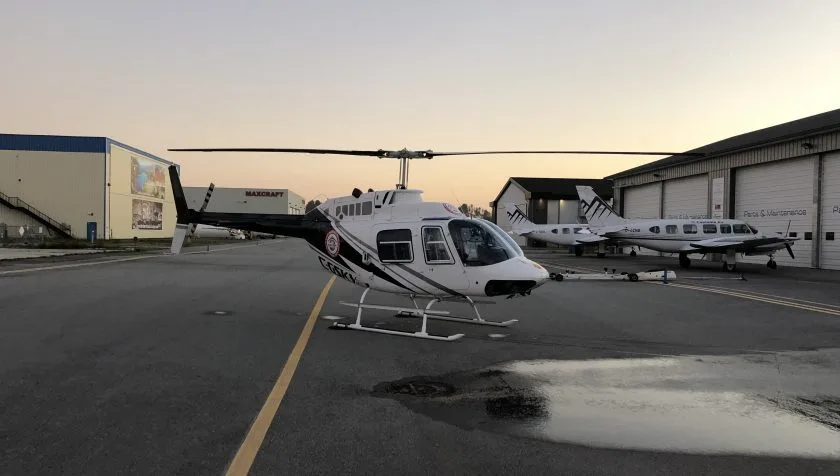 Exterior view of a 1971 Bell 206B 612, C-GWKY.