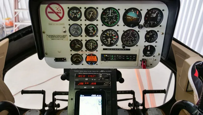 Cockpit and instrument panel of a 1974 Bell 206BIII 1235.