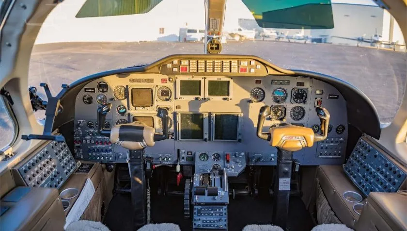 Cockpit and instrument panel of a 1974 Cessna Citation 500 Stallion 232.