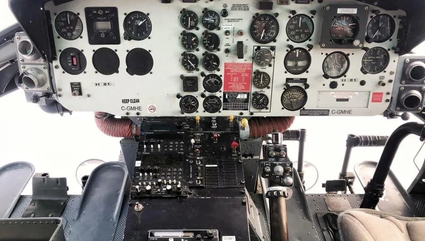 Cockpit and instrument panel of a 1975 Bell B205A1+ 30212.