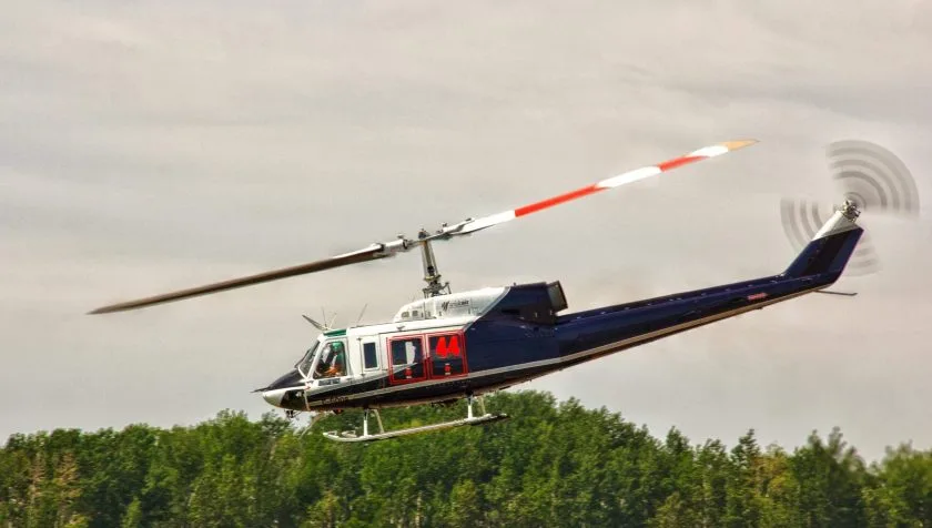 Exterior view of a 1976 Bell 214B 28053, C-GOOB.