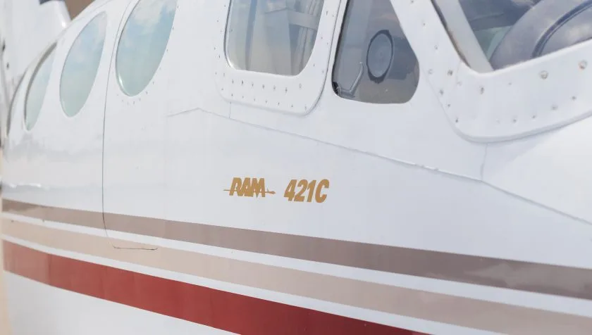 Exterior view of a 1977 Cessna 421C 421-0236, N9RZ.