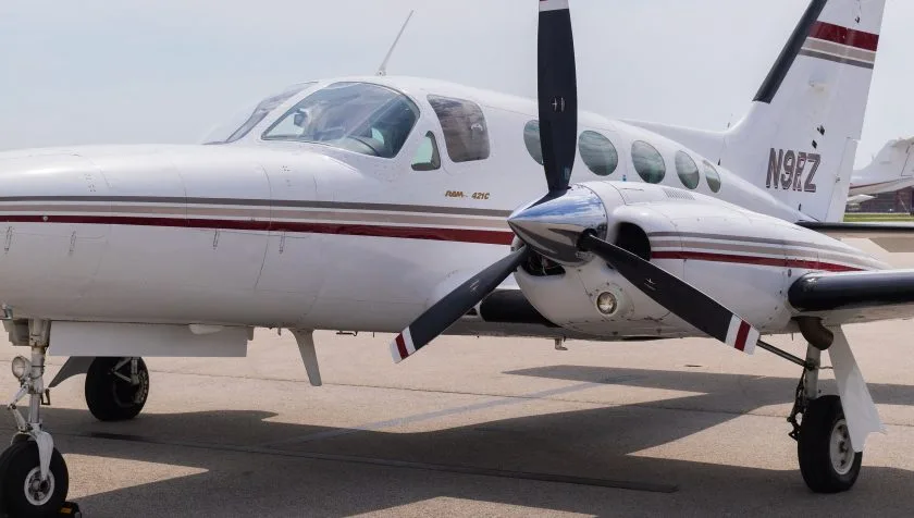 Exterior view of a 1977 Cessna 421C 421-0236, N9RZ.