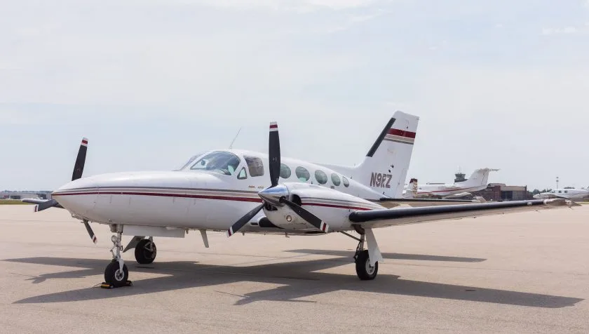 Exterior view of a 1977 Cessna 421C 421-0236, N9RZ.