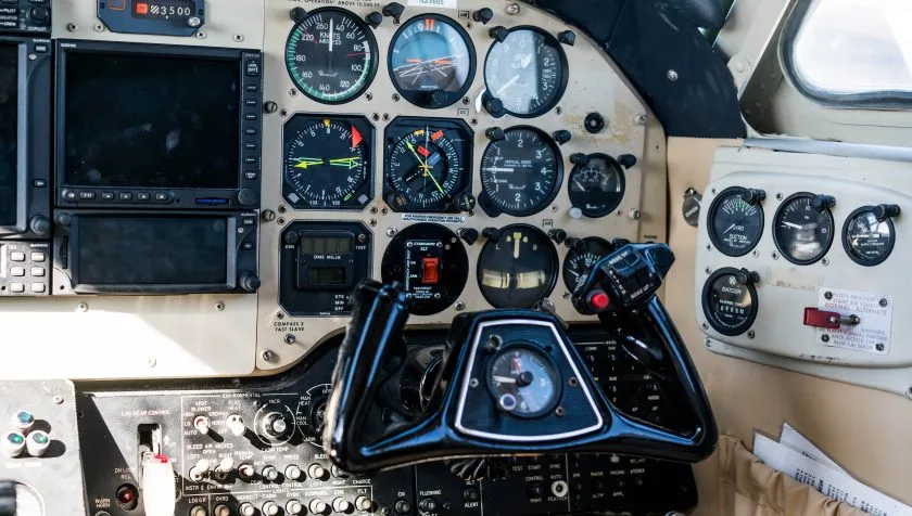 Cockpit and instrument panel of a 1977 Beechcraft King Air A100 B-0236.