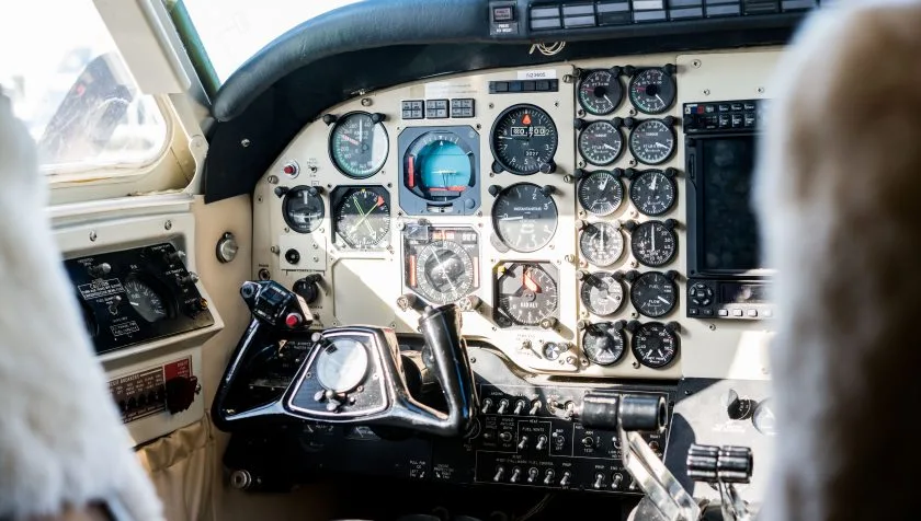 Cockpit and instrument panel of a 1977 Beechcraft King Air A100 B-0236.