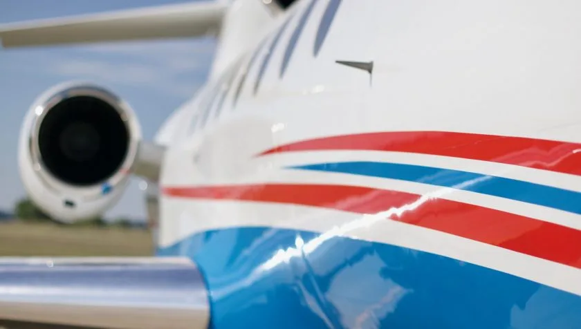 Exterior view of a 1981 Dassault Falcon 50 SN 50-035, N35YP.