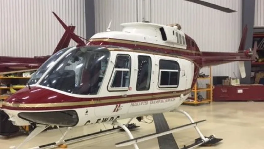 Exterior view of a 1982 Bell 206L1 C30P 45764, C-FWDC.